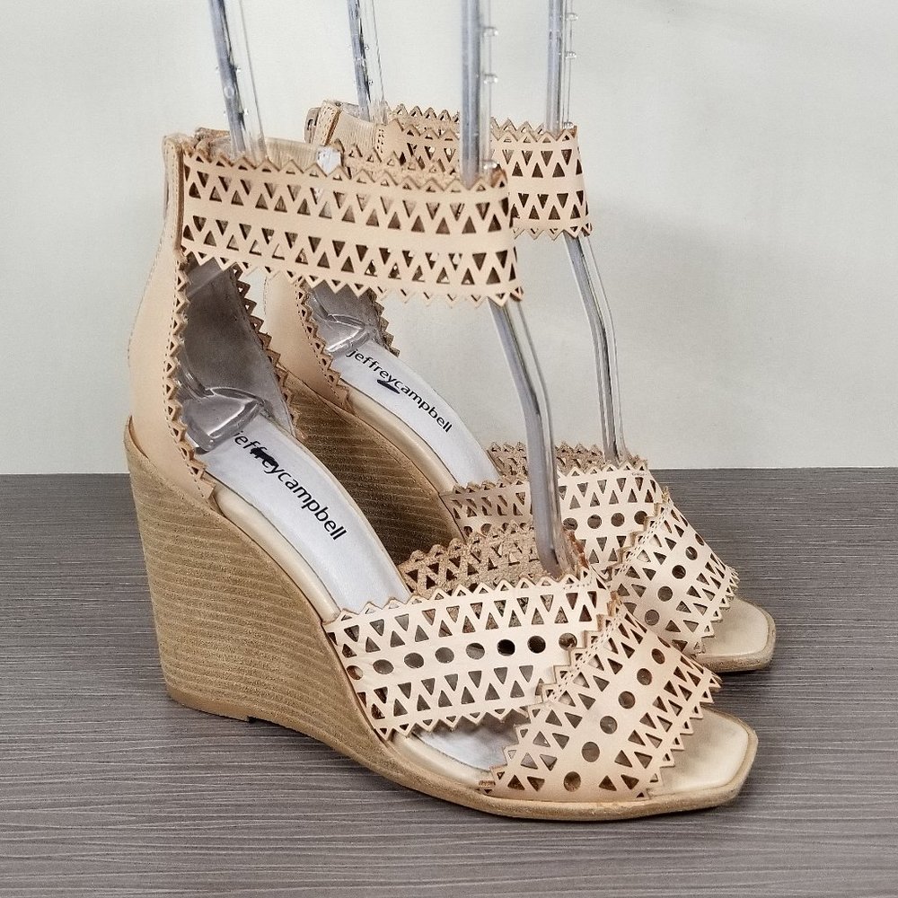 Jeffrey Campbell Besante Strappy Wedge Sandal, Tan Leather, Womens Size 6.5 M